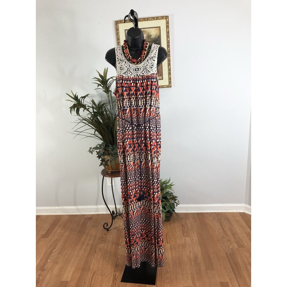 Lucky Brand Women M Maxi Dress Sleeveless Crochet Artsy Boho Geometric Pullover